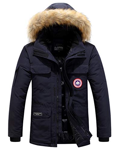 YYZYY Herren Winterjacke Pelzkragen Mit Kapuze Warme Winter Mäntel Jacken Fell Pelzmantel Winterparka Übergangsjacke Abnehmbare Kapuze (Dunkelblau,XS)