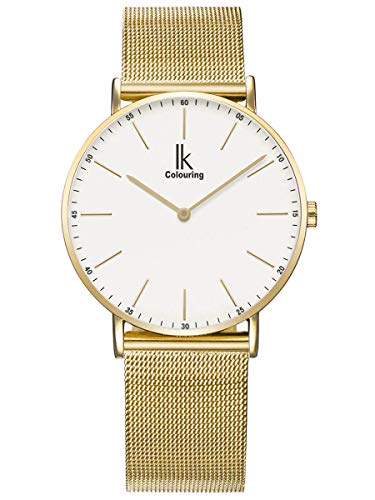 Alienwork Armbanduhr Herren Damen Gold Metall Mesh Armband Edelstahl Weiss Ultra-flach