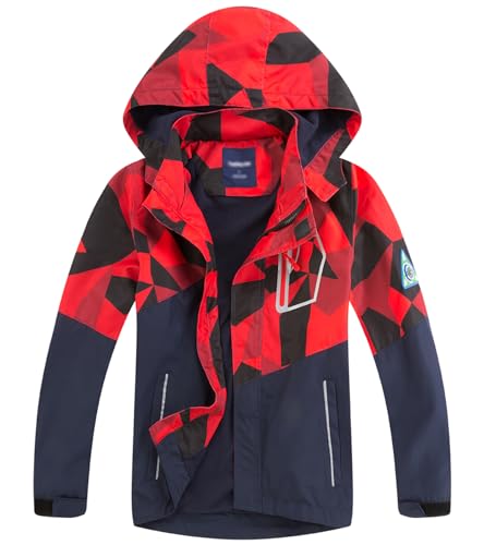 LAUSONS Kinder Gefütterte Regenjacke Jungen Camouflage Wasserdicht Jacke Leichte Übergangsjacke mit Abziehbar Kapuze Rot Camo DE: 116-122 (Herstellergröße 120)