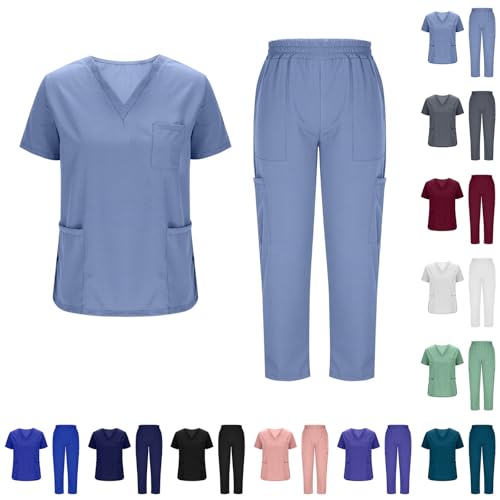 Unisex Medizinische Uniform, Krankenschwester Krankenhaus Berufskleidung mit Oberteil und Hose, V-Ausschnitt Schlupfkasack für Altenpflege Krankenpflege Scrubs für Frauen Set Medizinische Kleidung