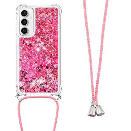 COTDINFOR Handykette H¨¹lle Kompatibel mit Samsung Galaxy S23 FE Flie?Ende FL¨¹ssigkeit schwimmt Glitzer Cover mit Kordel Clear STO?fest Schutzh¨¹lle Handyh¨¹llen f¨¹r Galaxy S23 FE Love Pink YBWTYS.