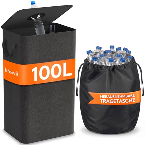 Lifewit 100L Pfandflaschen Sammelbehälter mit Deckel, Groß Pfandflaschen Aufbewahrung, Behälter Leergut & Altglas Aufbewahrung, Flaschensammler mit Loch Küche Abstellraum Flaschentasche, Dunkelgrau