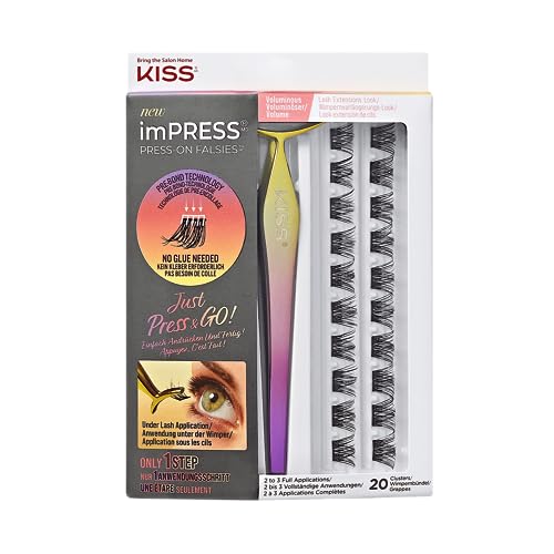 KISS imPRESS Falsies Press On Lashes Selbstklebende Wimpern 1-Step, Volume, Schwarz, Kein Kleber erforderlich, Wimpernverlängerung DIY, 20 Wimpernbüschel und Applikator - Voluminous