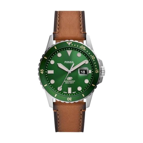 Fossil Blue uhr für Herren, Quarzwerk mit Edelstahl- oder Lederarmband, Grün und Braun, 42MM