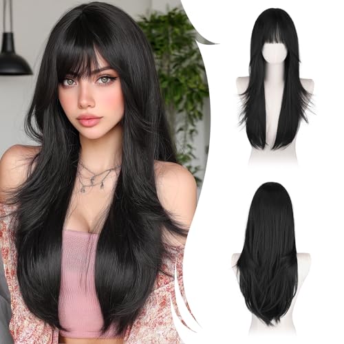 RUWISS Lange Gerade Perücken Schwarz mit Pony, 65 cm Perücken Damen Geschichtete Synthetische Haar Perücken Frauen für Tägliche Party Cosplay