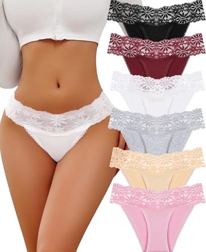 ALL OF SHE 6er Pack Unterwäsche Frauen Unterhosen Damen Spitze Baumwolle Sexy Dessous Hipster Panties Damen Atmungsaktiv Underwear Weiche Slips Multipack S-XL