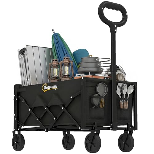 Outsunny Bollerwagen 60L Faltbarer Handwagen Gartenwagen Transportwagen mit Teleskop Griff Heckklappe Getränkehalter, Strandwagen bis 150 kg Tragkraft, für Sport, Einkauf, Camping, Schwarz
