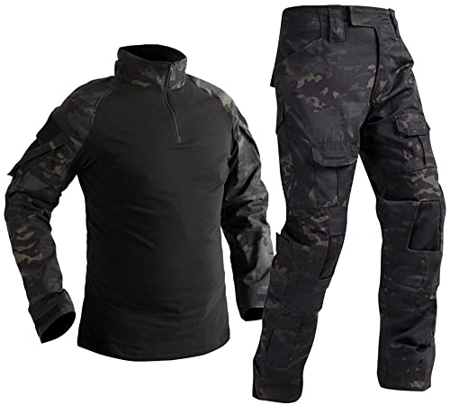 Uugood Combat Shirt Pant Tactical Anzüge Armee Militär T-Shirt Paintball Ausrüstung Taktische Kleidung Bundeswehr Langarm Multicam Uniform für Airsoft Paintball Jagd, schwarze nacht, S