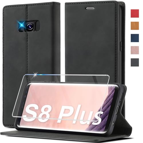 Handyhülle für Samsung Galaxy S8 Plus Hülle Leder [Mit S8 Plus Schutzfolie] für Samsung Galaxy S8 Plus Hülle Klappbar Leder Flip Wallet Stoßfeste Case Schutzhülle Klapphülle für Samsung S8 Plus Hülle