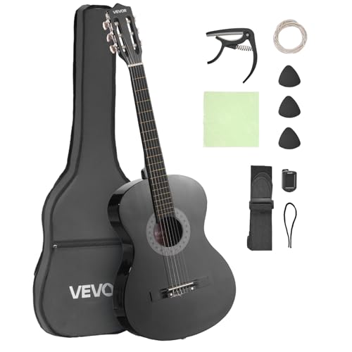 VEVOR Konzertgitarre, 960 mm, Holz-Klassikgitarren-Starter-Set für Anfänger, mit Nylonsaiten, Gigbag, Gurt, Stimmgerät, zusätzlichen Saiten, Plektren, Kapodaster, Linde, für Einsteiger, Schwarz