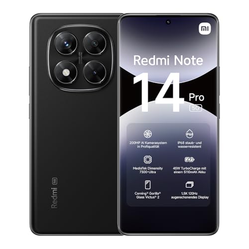 Xiaomi Redmi Note 14 Pro 5G Smartphone, 8 + 256GB, Black, 200MP professionelle AI-Kamera, IP68, 45W TurboCharge mit 5110mAh Akku, AI-Funktionen (kein Ladegerät enthalten)