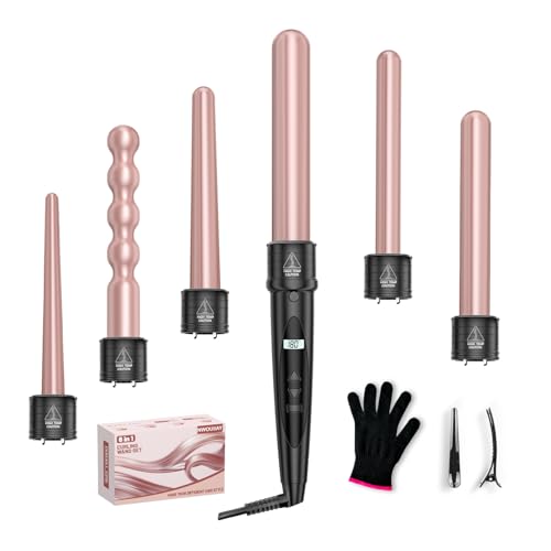 Lockenstab NWOUIIAY 6 in 1 LCD Lockenstab Set mit Keramischer Beschichtung Multifunktionales Austauschbares Zubehör für Große Kleine Locken mit Handschuhen Temperatur Einstellbar