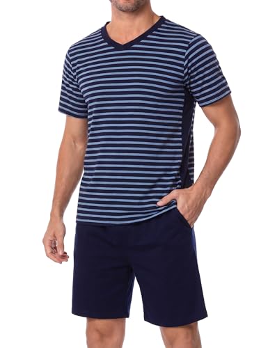 Bresdk Pyjama Herren Baumwolle Nachtwäsche Sommer Schlafanzug Herren Kurz mit Kontraststreifen Design Zweiteiliger Pyjamas Set