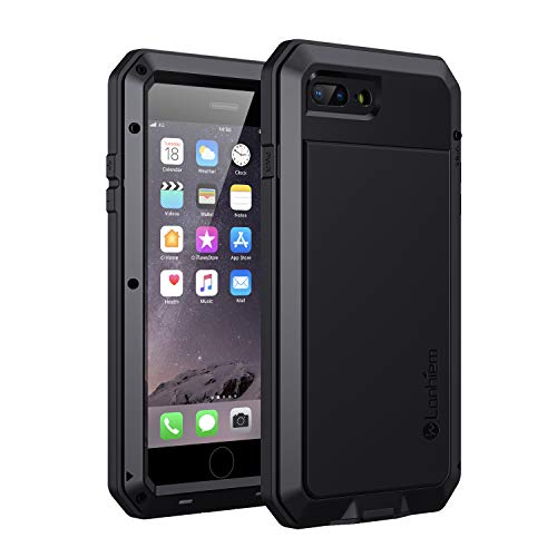 Lanhiem für iPhone 7 Plus Hülle, iPhone 8 Plus Hülle, 360 Grad Outdoor Schutzhülle Stoßfest Tough Armor Metall Ganzkörper Panzerhülle Staubdicht Heavy Duty Case mit Eingebautem Displayschutz, Schwarz