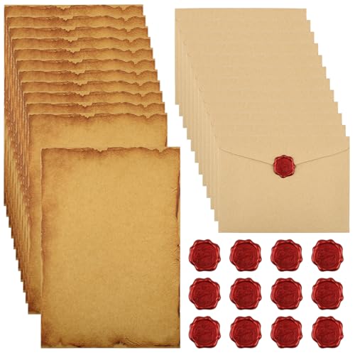 40 Stück Vintage Briefpapier mit Umschlag, Set Vintage Schreiben mit 12 Vintage-papier Briefumschläge, 16 A5 Briefpapier und 12 Wachssiegel-aufkleber, für Liebesbrief, Hochzeit,Geburtstag,Weihnachten