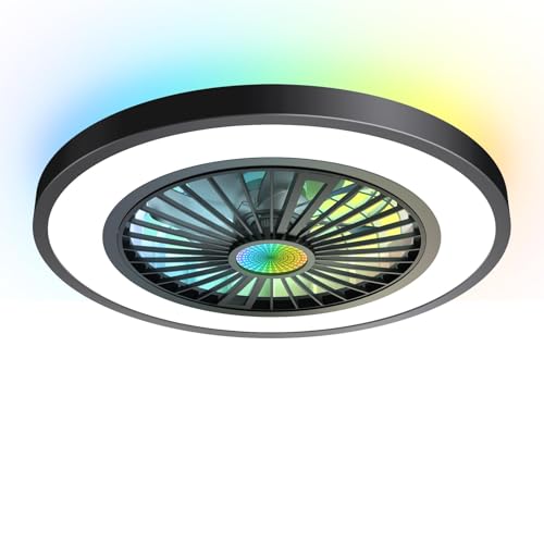 MILFECH 75W Deckenventilator mit Beleuchtung, Ø54CM Deckenleuchte mit Ventilator Fernbedienung,3000K-6500K,RGB-Lichter,6 Windstufen,Timer,Speicherfunktion,lampe mit ventilator für Wohn,Schlaf(Schwarz)