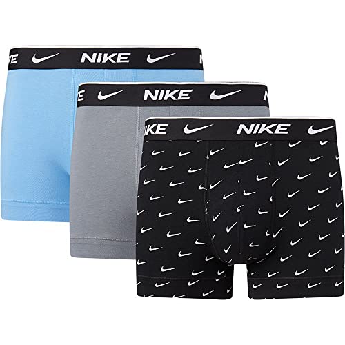 Nike Herren Everyday Cotton Stretch Trunks 3Pk, Swoosh Print/Grey/Uni. Blue, L