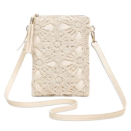 BSITSSS Handtasche Damen Durchbrochen Blumen, Weiß Leder Damenhandtasche, Gewebte Blumen Umhängetasche Handtaschen Crossbody Bag für Damen Arbeit Schule Shopper Lässige Täglich