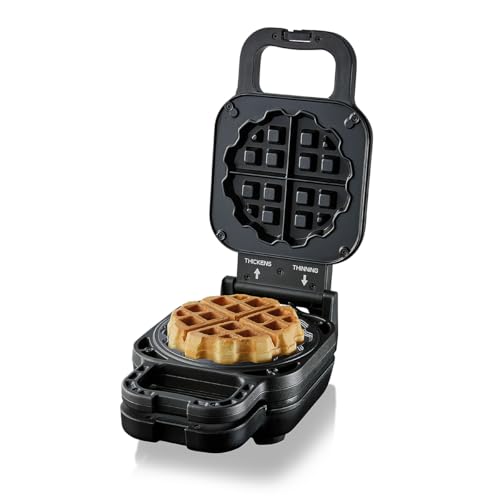 Cloer 6150 Waffelkucheneisen für gefüllte Waffelkuchen, bis zu 5 cm hohe Waffel, 11,5 cm Durchmesser, höhenverstellbarer Abstandsring, Antihaftbeschichtung & Kontrollleuchte, PFAS-frei, Schwarz, 800 W