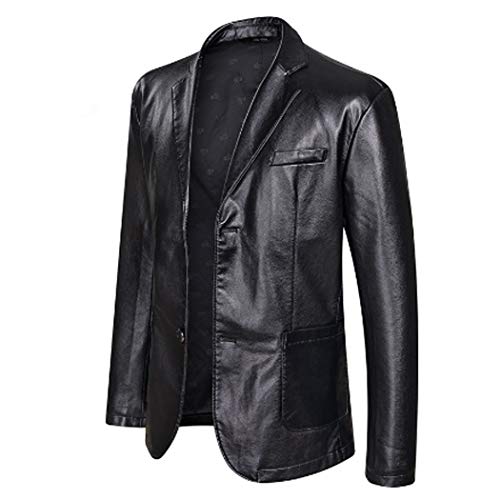 Herren Lederjacke Frühling und Herbst Winter Blazer Revers PU Kunstleder Anzug Mäntel Motorradjacke Knopf Smart Casual Biker Style Jacke,Schwarz,XXL