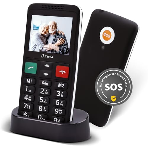 Olympia Mobiltelefon LUX | Komfort-Mobiltelefon mit Großtasten | Farb-Display | SOS-Taste | Seniorenhandy ohne Vertrag | Dual SIM, MicroSD-Slot, Bluetooth | Taschenlampe | inkl. Ladeschale | Schwarz