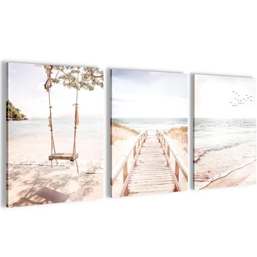 Novart Wandbilder Set Strand Meer Boho - KOMPLETT AUFHÄNGFERTIG - Wohnzimmer Schlafzimmer Flur Deko - 3 Moderne Bilder Beige - N038135b