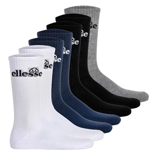 Ellesse Unisex Sport-Socken, 7 Paar - Trego Sport Sock, Crew Socks, Tennis, Ripp-Bündchen, Logo Schwarz/Weiß/Blau/Grau 43-46,5