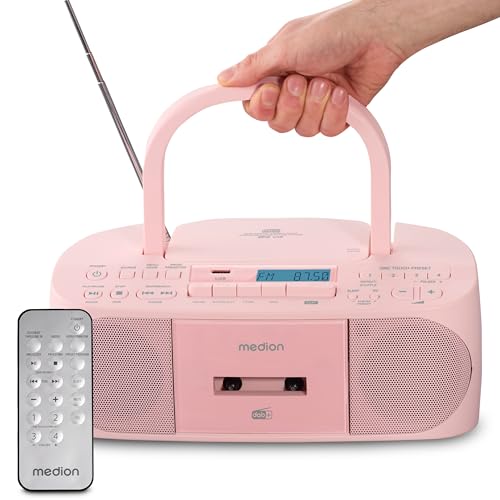 MEDION DRX-1 Plus Boombox (tragbares DAB+ UKW Radio, Bluetooth, CD-Player, MP3, Kassette, Kopfhöreranschluss, Stereo Sound System, AUX, Netz & Batterie) rosa