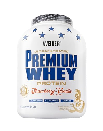 Weider Premium Whey Protein Pulver, unverschämt leckeres Eiweißpulver mit Isolat für Muskelaufbau mit hohem Anteil an EAA, BCAA und freiem L-Glutamin, perfekte Löslichkeit, Erdbeer-Vanilla, 2,3kg