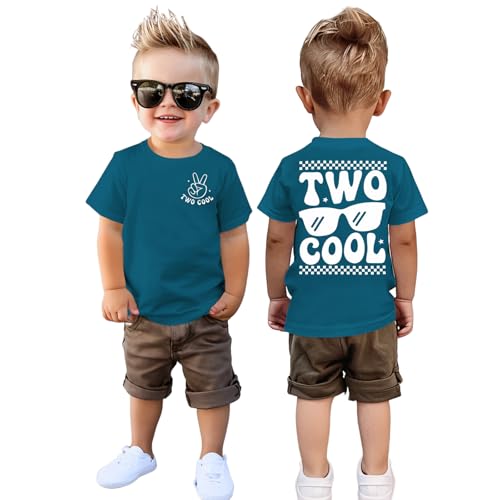 2. Geburtstag Junge T-Shirt Two COOL Tshirt für Kleinkinder mit Buchstaben Drucker Zweiter Geburtstags Shirt Sommer Kurzarm Kleinkind Announcement Outfit Baumwolle Babyshirt（Blau,2 Jahre）