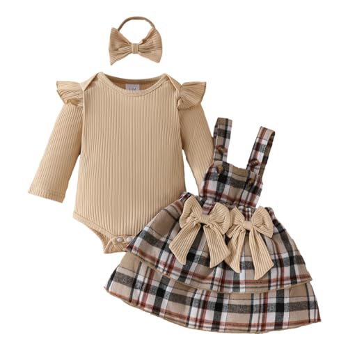 LUVCES Neugeborenes Baby Mädchen Röcke Sets Rüschen Top + Plaid Bowknot Overalls Hosenträger Kleid + Stirnband Herbst Winter Kleidung Outfits Set Khaki Plaid 3-6 Monate