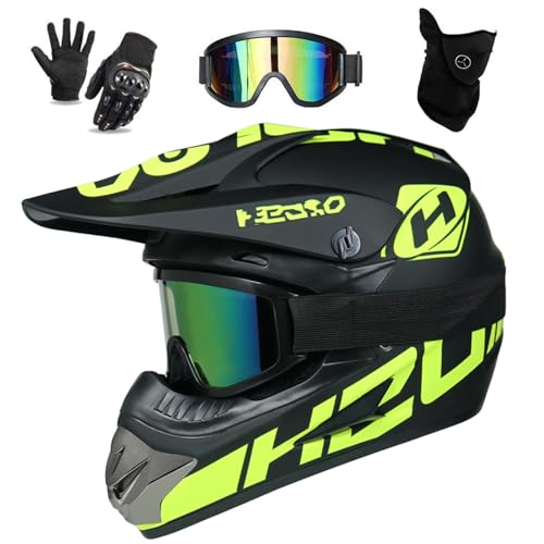 UIGJIOG Downhill Motorradhelm Kinder, Helm Set Herren ATV Motorradhelm D.O.T Zertifizierter Helm Mit Brille Handschuhe, Integralhelm MTB Inklusive 4 Größen Helmfutter,C