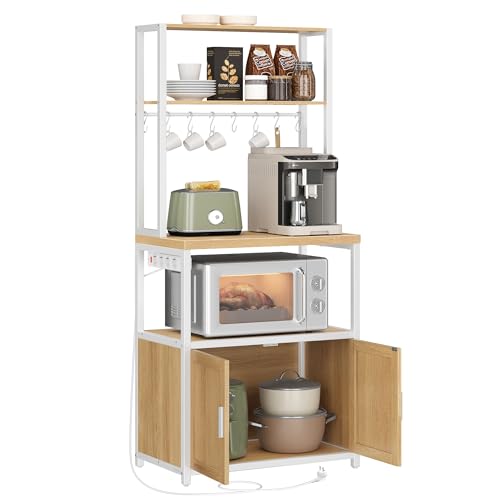 VASAGLE Küchenregal mit Steckdosen, Küchenschrank, 90 cm hoher Arbeitsplatte, Standregal mit 8 Haken, 40 x 60 x 170 cm, goldeichenfarben-wolkenweiß KKS058Y02