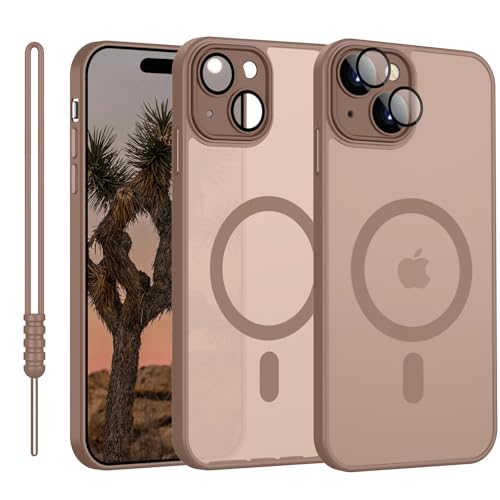 YUANDMI iPhone 15 Hülle mit MagSafe, Hanyhülle iPhone 15 Magnetisch Matte Touch Kameraschutz, Anti-Gelb rutschfest Kratzfest Schutz Stoßfest Hülle für iPhone 15 Braun