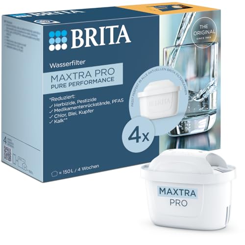 BRITA Wasserfilterkartusche MAXTRA PRO Pure Performance (All-in-1) 4er-Pack – Original Ersatz-Wasserfilter für alle BRITA-Kannen: reiner Wassergeschmack – filtert PFAS, Chlor, Kalk & Metalle
