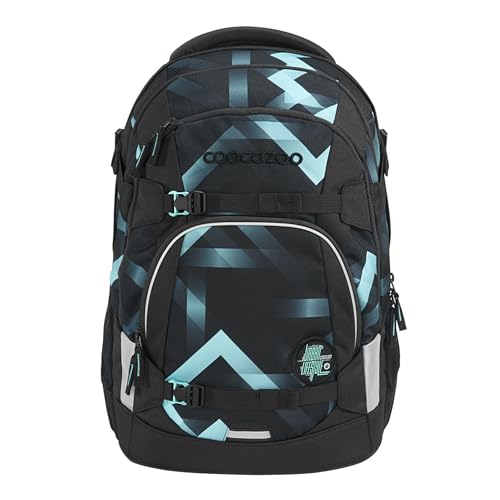 coocazoo Schulrucksack Mate „Laser Lights”, schwarz-türkis, ergonomischer & anpassbarer Tornister, höhen- & größenverstellbar, mit Brustgurt & Hüftgurt, ab der 3. Klasse