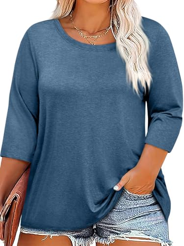 Cicy Bell Damen Große Größen Rundhals T-Shirts Plus Size 3/4 Ärmel Tops Sommer Oversized Oberteile Dunkelblau 4XL