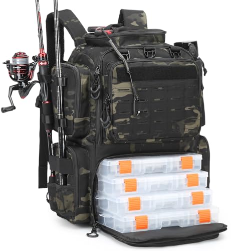 BlesMaller 50L Angelrucksack mit 4 Boxen & Rutenhaltern Angeltasche wasserabweisend Angel Rucksack für Angelausrüstung
