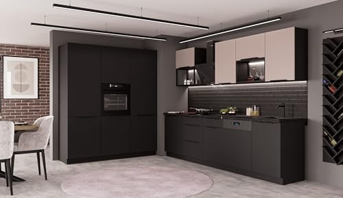 Kuechen-preisbombe Küche Siena + Arona LOFT 280 + 180 cm Küchenzeile Küchenblock Einbauküche Kaschmir beige + Schwarz matt