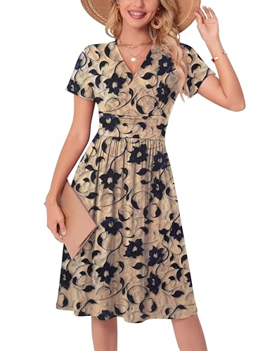 WUWUSKY Sommerkleid Damen Elegant Blumenkleid Kurzarm V-Ausschnitt Midikleid A Linie Casual Strandkleid Leichte Knielang Tunika Kleider mit Taschen,Aprikose-Schwarze Blüte,L