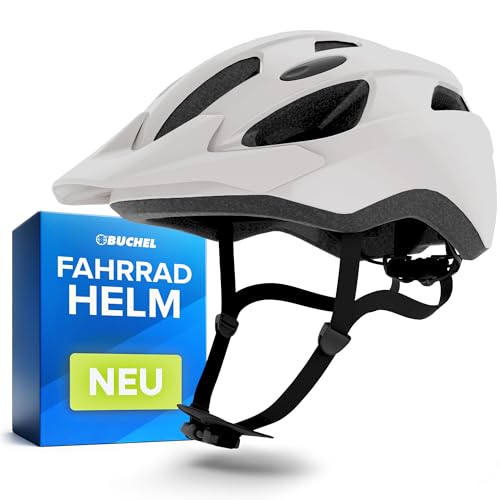 BÜCHEL Fahrradhelm mit In-Mould-Technologie – für Kinder & Erwachsene – Cam Lock, Kinnpolsterung & Fliegennetz – Größen M 51–56 cm & L 57–60 cm – Schwarz, Weiß, Grau (Weiß Matt, M, 51-56cm)