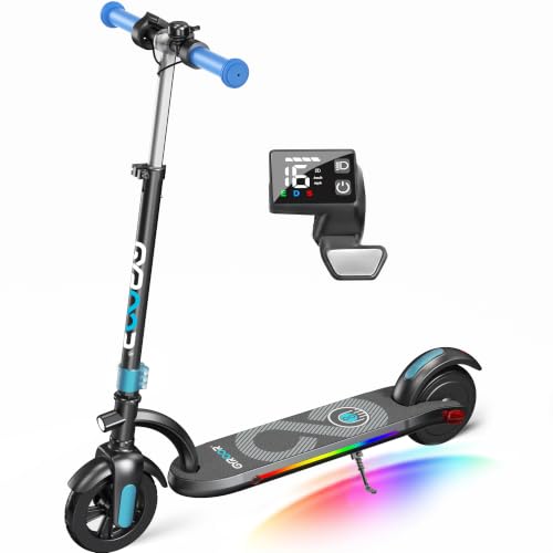 Gyroor H40 E Scooter Kinder 6 bis 12 Jahre 180W Doppelbremse LED,blue | Elektroroller höhenverstellbar 90-100 cm, pannensichere Vollgummireifen bis 65 kg, Geschenk für Kinder, 16 km/h