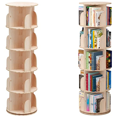 PTUWODS Drehbares Bücherregal, Standregal, 360 Grad, Lagerregal für Bibliothek, Schlafzimmer, Wohnzimmer, multifunktionales Bücherregal Massivholz (5 böden)