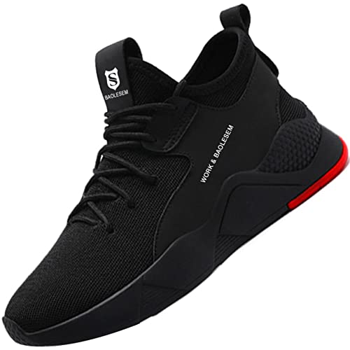 BAOLESEM Sicherheitsschuhe Herren S3 Arbeitsschuhe Herren Damen Leicht Atmungsaktiv Sportlich Schutzschuhe mit Stahlkappe Sneakers,677B Schwarz,EU43