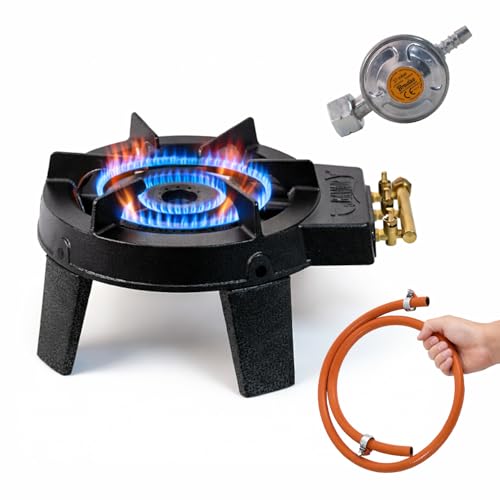 Neruma Gaskocher Wokbrenner – Gusseisen Gasherd mit 3-Ring-Brenner, Campingkocher Outdoor, Gastro Gasbrenner für Wok & Töpfe 20–36 cm (Schlauch & Druckminderer im Set)