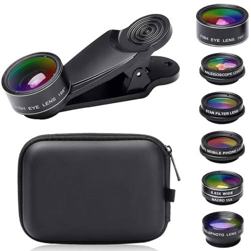 Severnier 7 in 1 Universelles Handy Objektiv Kit, 198° fisheye Lens, 0.63X Weitwinkel, 15X Makroobjektiv, CPL, Star Filter Objektiv, makro objektiv Handy mit Staubbeutel (Schwarz)