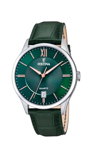 Festina Herrenuhr Analog aus Edelstahl und Leder Grün