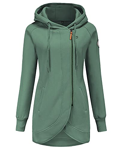 ELFIN Damen Lange Kapuzenpullover Zipper Hoodie Herbst Winter Pulli Sweatjacke mit Reißverschluss, Grün, L