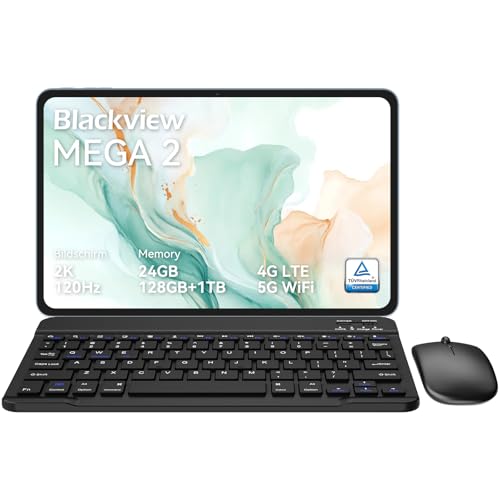 Blackview Mega2 Tablet 12 Zoll Android 15 Tablets, 24GB RAM+128GB ROM, 120HZ 2K FHD Gaming Tablet mit Tastatur Maus Stift Kopfhörer, 4G LTE+5G WiFi, 9000 mAh, WideVine L1, Dual Kamera, Face ID, Blue