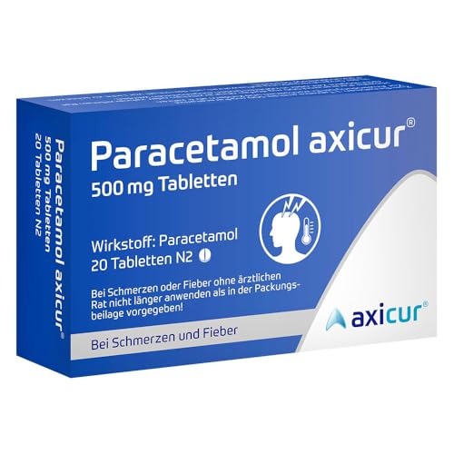 Paracetamol axicur 500 mg Tabletten, bei Schmerzen und Fieber, rasche Linderung von Kopfschmerzen, Zahnschmerzen, Regelschmerzen und Fieber, 20 Tabletten